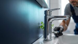 Tropfende moderne Badarmatur mit Fachkraft im Hintergrund