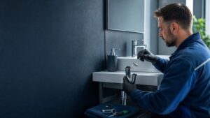 Fachkraft reinigt Siphon und Ablauf eines Badezimmerwaschbeckens