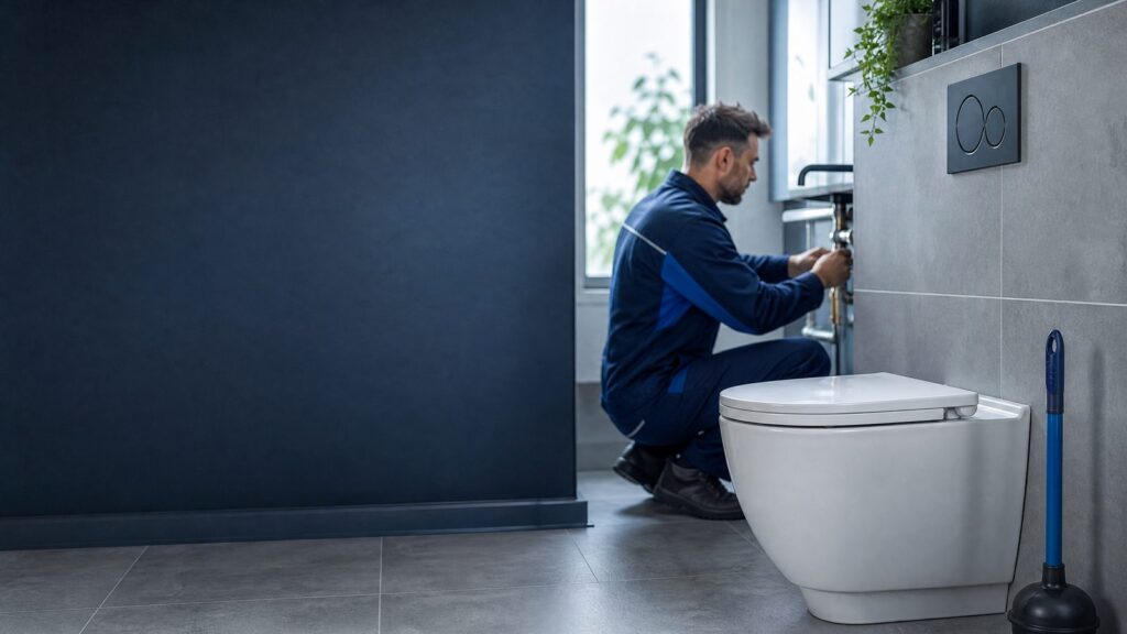 Sauberes modernes WC mit Saugglocke und Fachkraft im Hintergrund