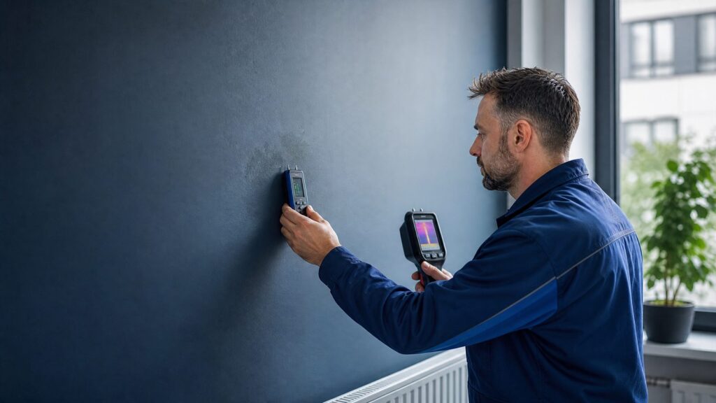 Fachkraft prüft eine Wand mit Feuchtemessgerät und Wärmebildtechnik