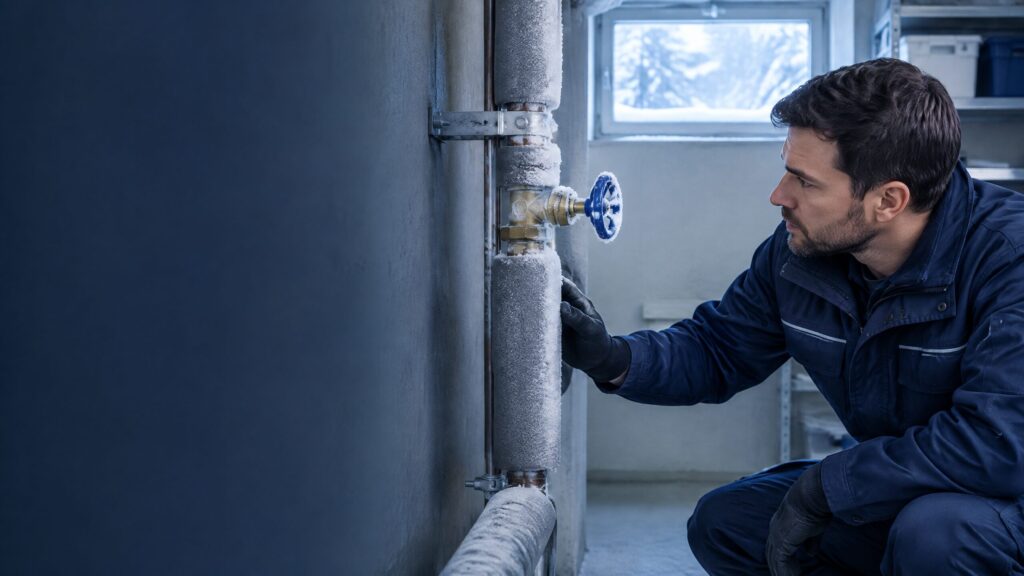 Sanitärfachkraft prüft eine eingefrorene Wasserleitung und ein Absperrventil in einem Kellerraum