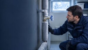 Sanitärfachkraft prüft eine eingefrorene Wasserleitung und ein Absperrventil in einem Kellerraum