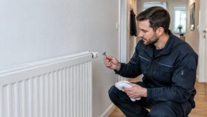 Heizungsfachkraft entlüftet einen weißen Heizkörper in einer Berliner Wohnung