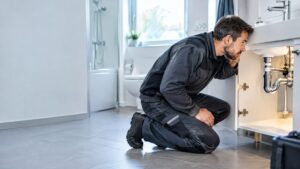 Sanitärfachkraft prüft den Ablauf unter einem Waschbecken in einem Badezimmer mit weiteren sanitären Ablaufstellen