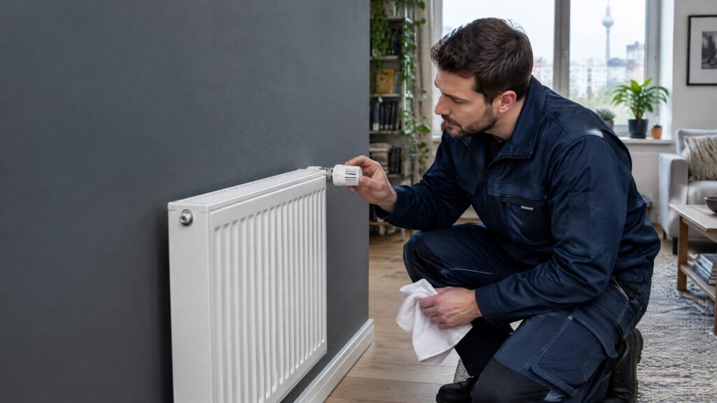 Heizungsfachkraft prüft ein Heizkörperthermostat in einer Berliner Wohnung
