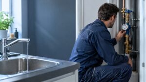 Sanitärfachkraft prüft Wasserzähler und Hausanschluss bei schwachem Wasserstrahl an einer Küchenarmatur