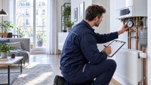 Heizungsfachkraft prüft den hohen Druck am Manometer einer Wandheizung in einer Wohnung