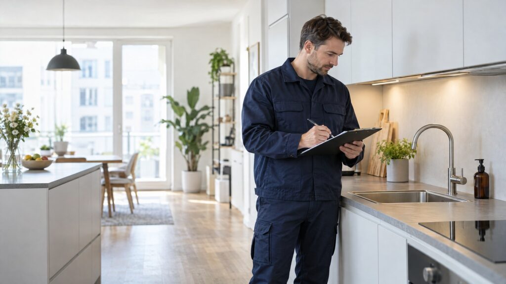 Sanitärfachkraft prüft eine trockene Küchenarmatur in einer modernen Wohnung