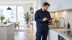 Sanitärfachkraft prüft eine trockene Küchenarmatur in einer modernen Wohnung