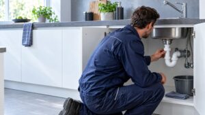 Sanitärfachkraft prüft einen undichten Siphon unter einer Küchenspüle; Eimer und Tuch sichern den Arbeitsbereich