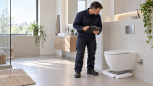 Sanitärfachkraft prüft den Bereich am Fuß einer Wandtoilette in einem modernen Badezimmer